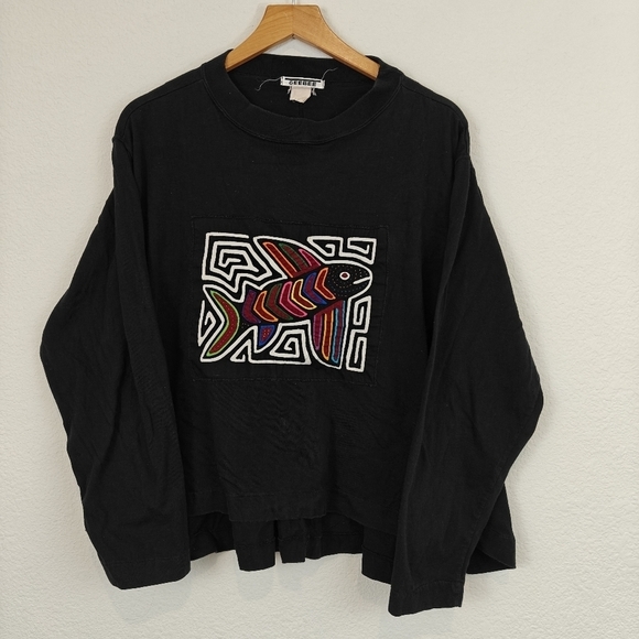 geebee Tops - Vintage Mola Art Quilted Embroidered Long Sleeve Shirt Fish Print Size LG